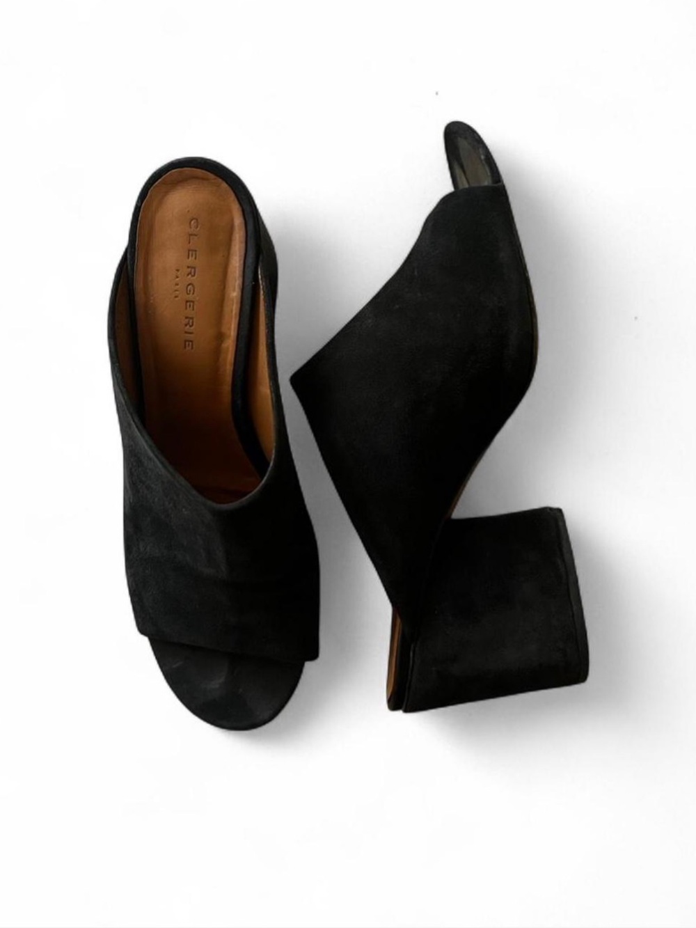 Robert Clergerie Black Suede Open-Toe Block Heel Mules Y2K Early 00’s Grunge Pun